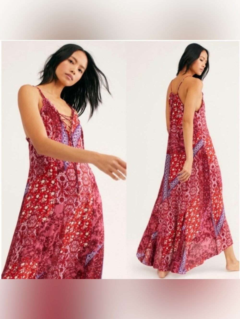 Free People Intimately Boho Maxi Dress Red Patchwork Summer XS-S
